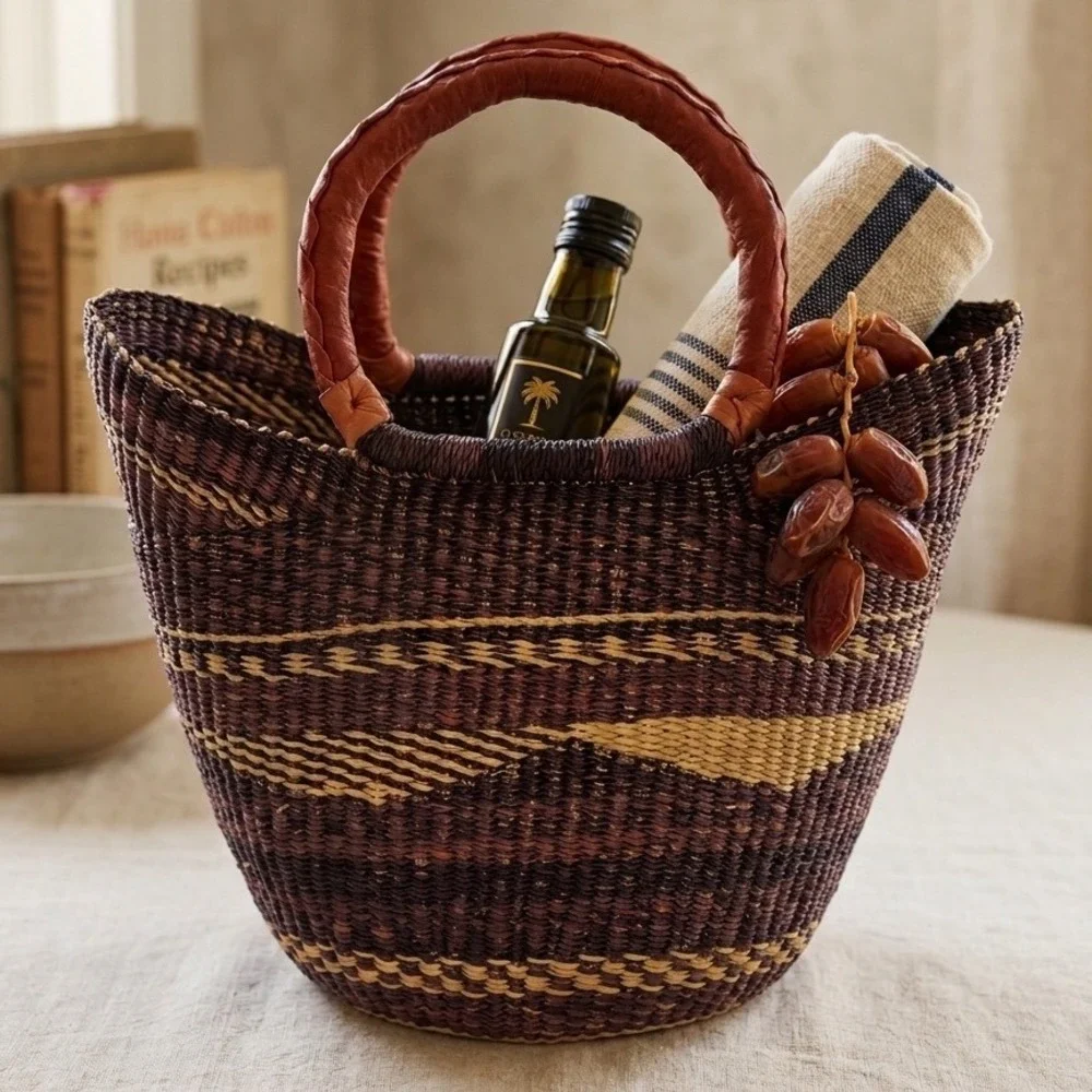 Handwoven Bolga Market‎ Basket Purple Tan Striped Woven Tote Leather Handles